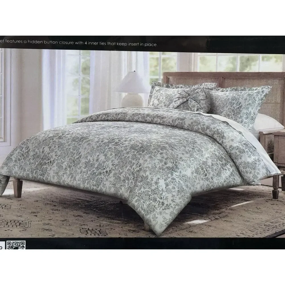 New Tahari Home 4PC KING Duvet Cover Steel Gray Shams Round Bow Pillow